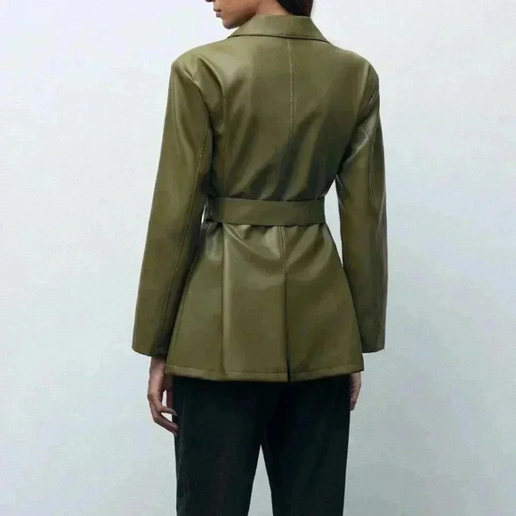 Army Green Elegant Women's Front Button Pocket Belted Long Sleeve Blazer Jacket - Picture 2 of 8
